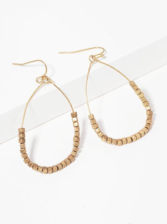 Metallic Square Beaded Wire Teardrop Dangle Drop Earrings