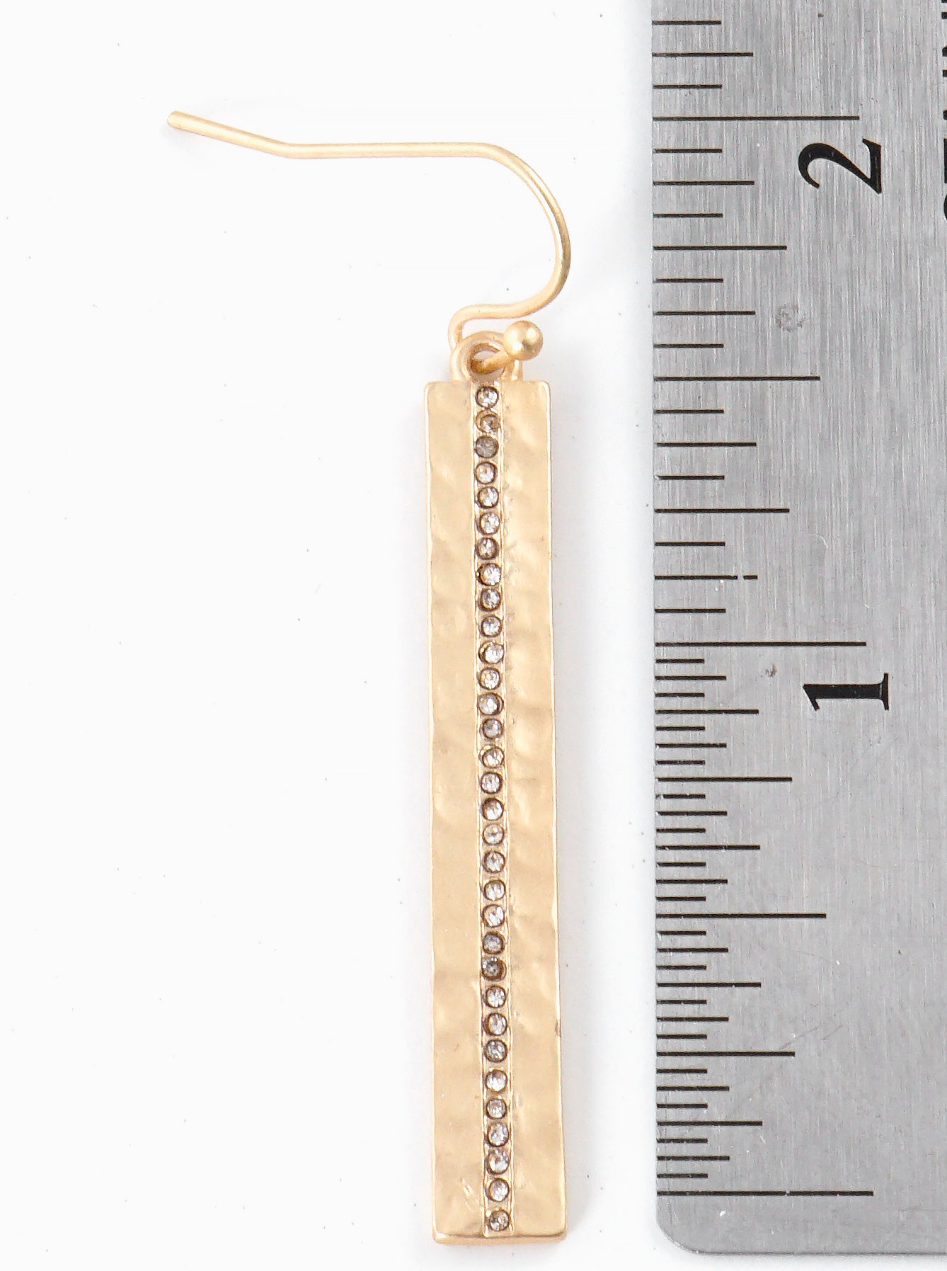 Micro Crystal Pave Hammered Metal Rectangle Bar Drop Earrings