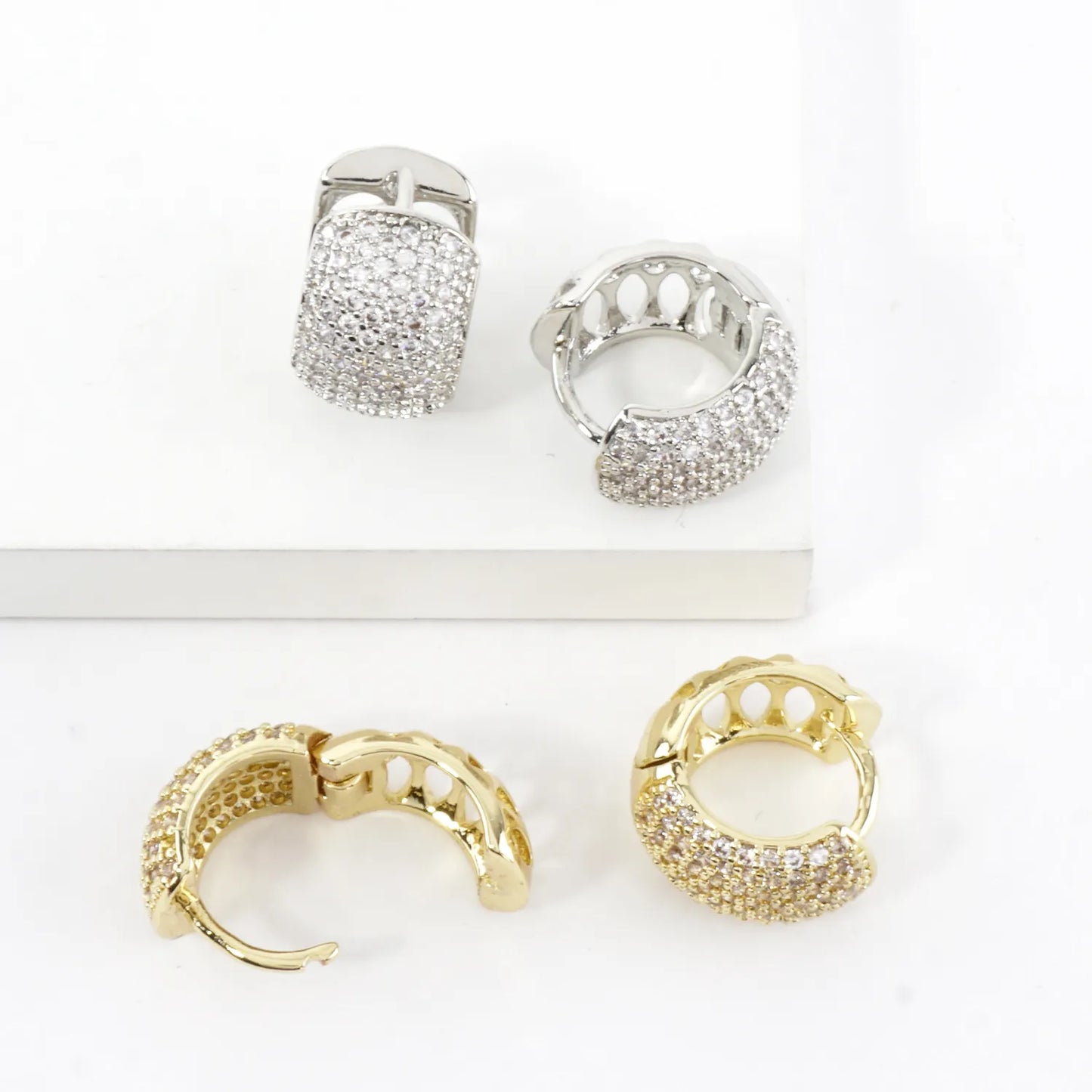Micro Pave Brass Chubby Huggie Clicker Earrings