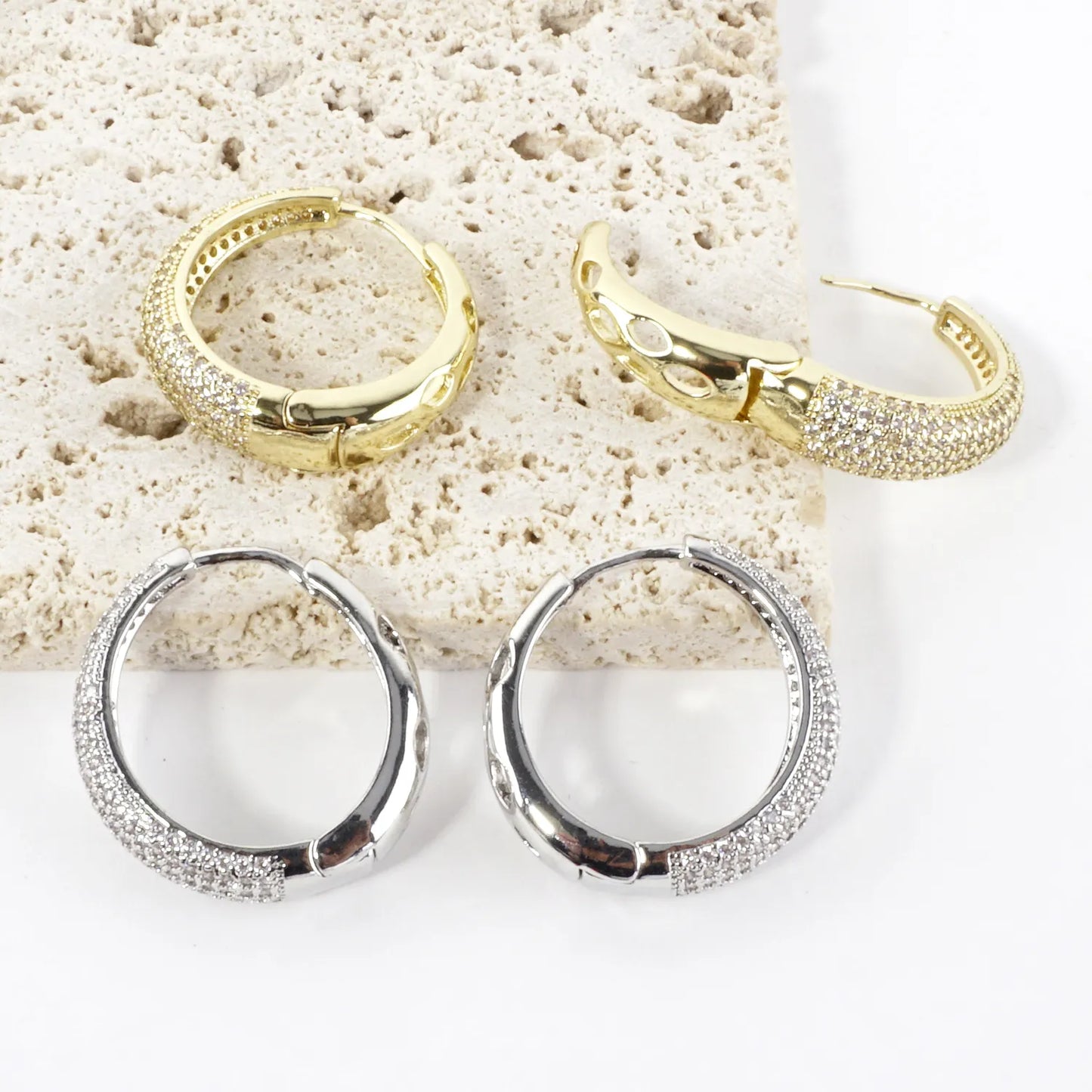 Micro Pave Brass Oval 1.25 Inch Hoop Earrings