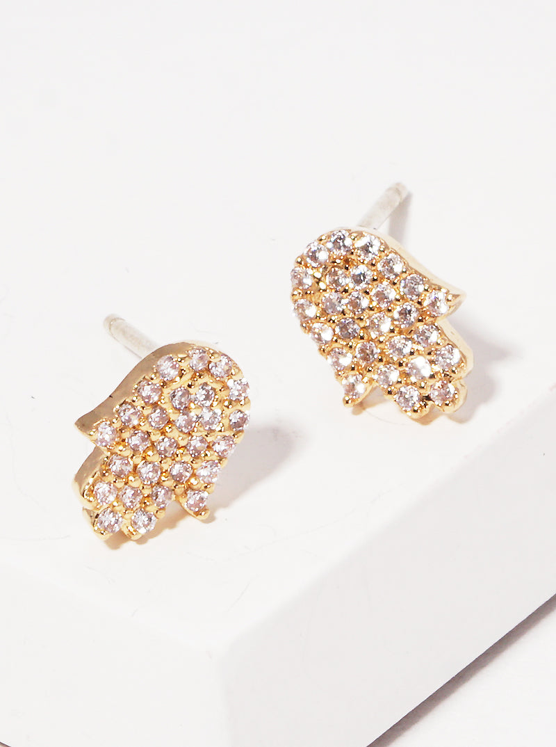 Micro Pave-Set CZ 18K-Gold-Dipped Brass Hamsa Stud Earrings