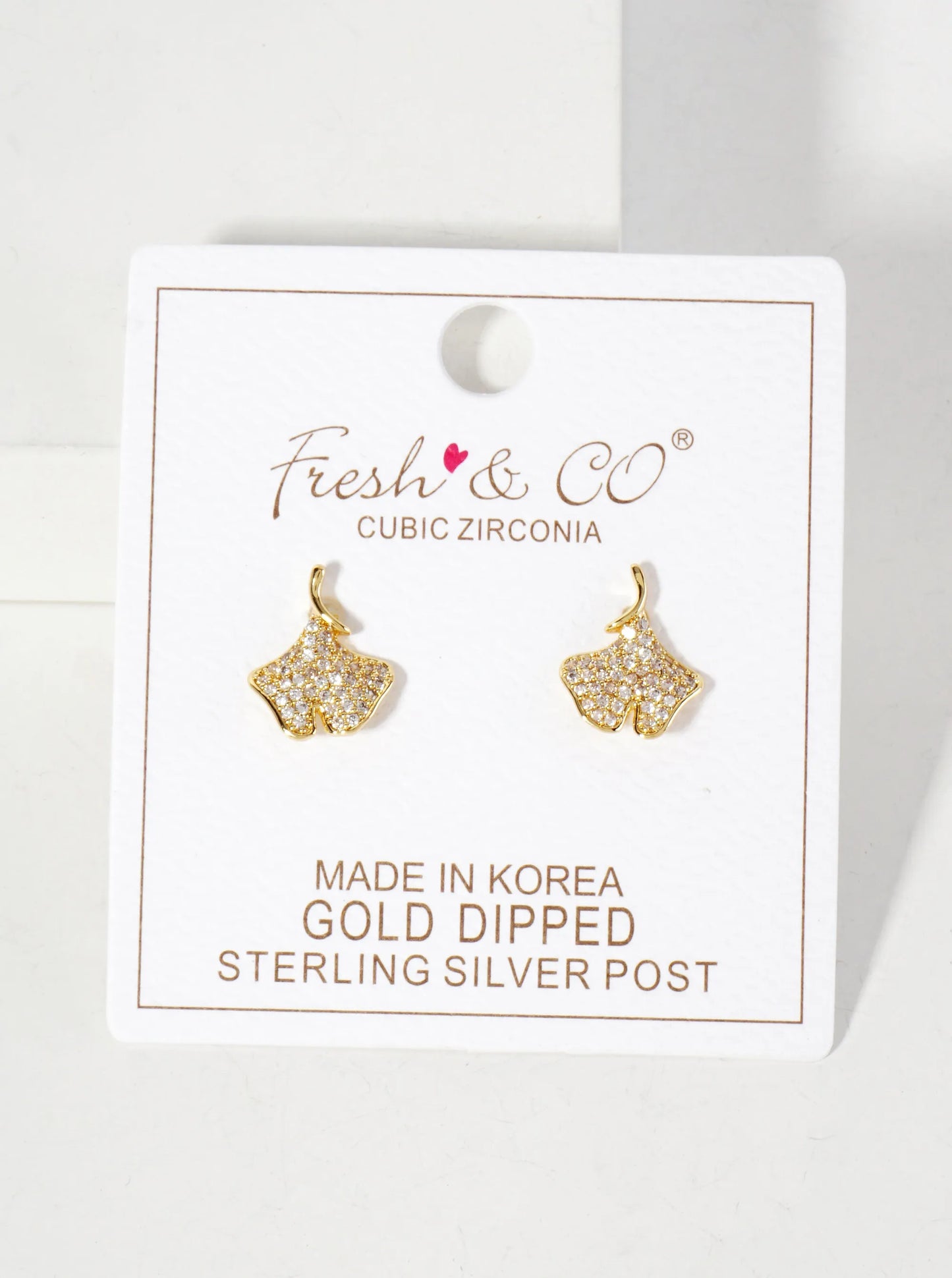 Micro-Pave-Set Cubic-Zirconia 13mm Ginkgo Leaf 18K-Gold-Dipped Stud Earrings