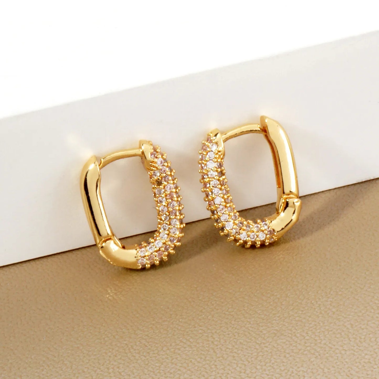 Micro Pave-Set Cubic-Zirconia 15mm Gold-Dipped Brass Minimalist Huggie Hoop Earrings