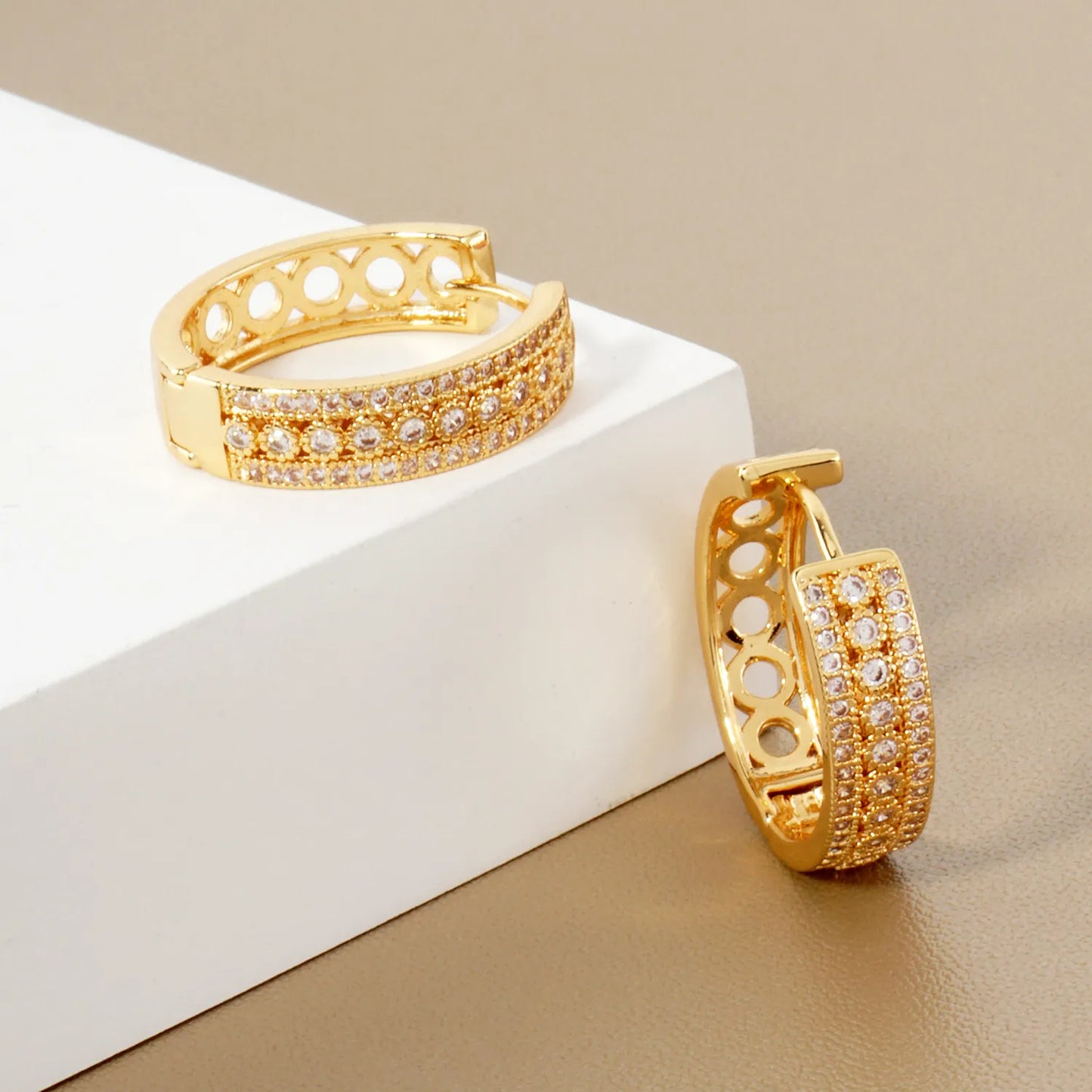 Micro Pave-Set Cubic-Zirconia 20mm Filigree Gold-Dipped Brass 20mm Hinged Hoop Earrings