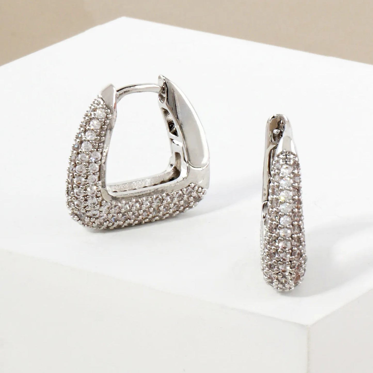 Micro Pave-Set Cubic-Zirconia 20mm Gold-Dipped Brass Triangle Hinged Hoop Earrings