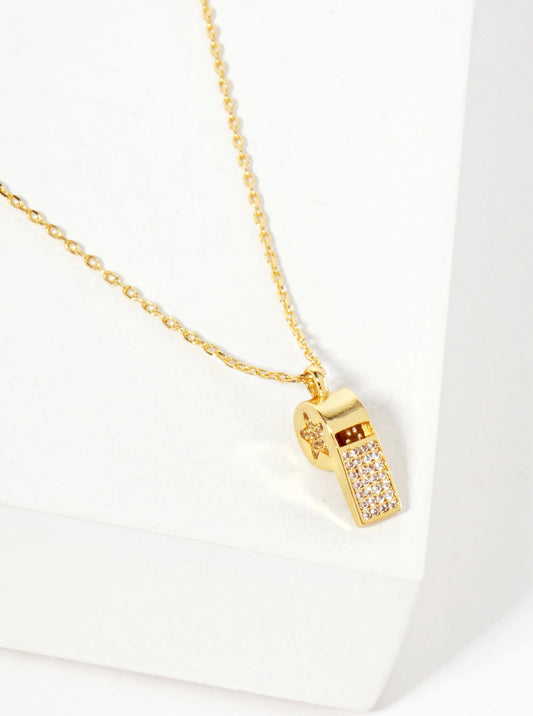 Micro-Pave-Set Cubic-Zirconia Whistle Pendant 18K-Gold-Dipped Necklace