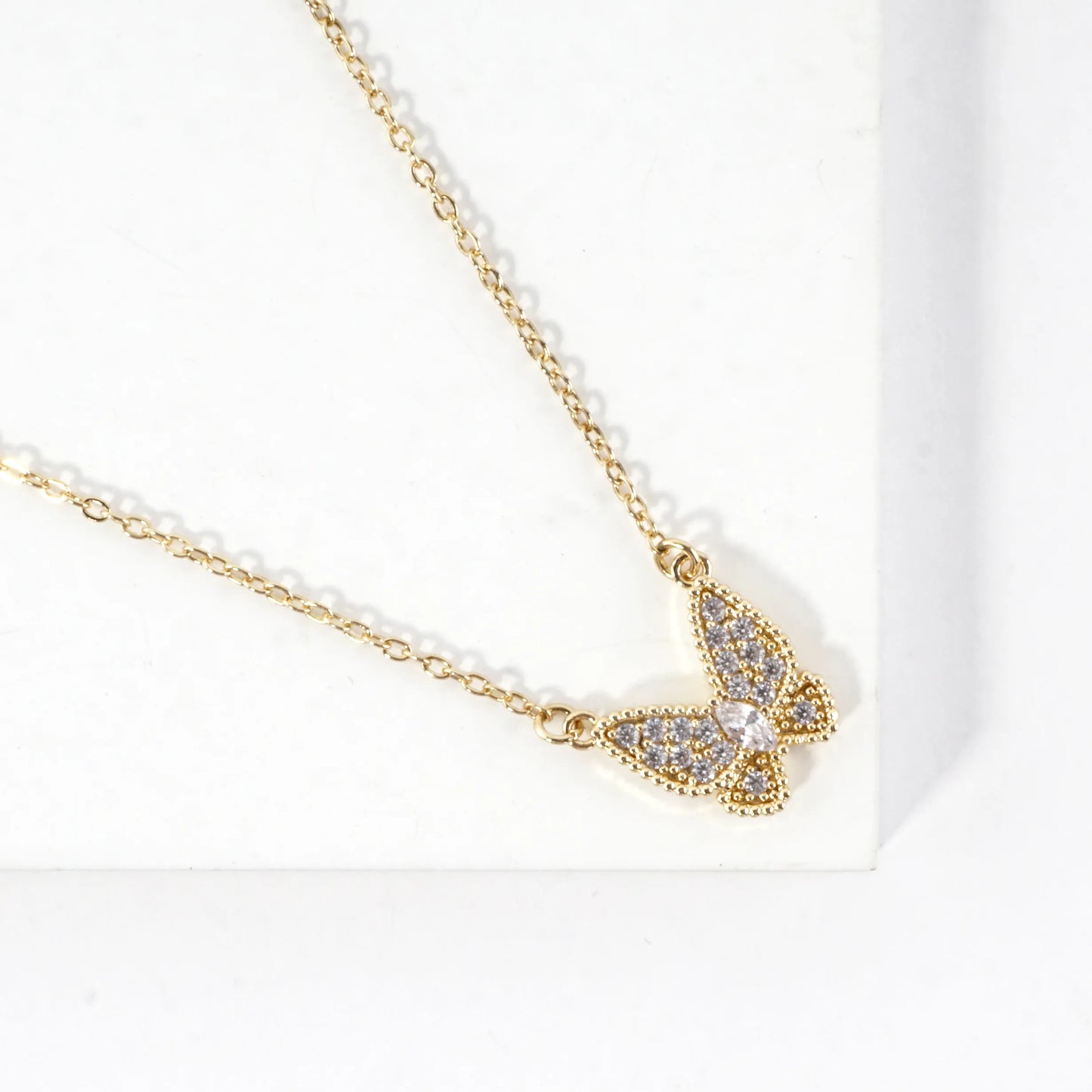 Micro Pave Tiny Butterfly Stainless Steel Necklace