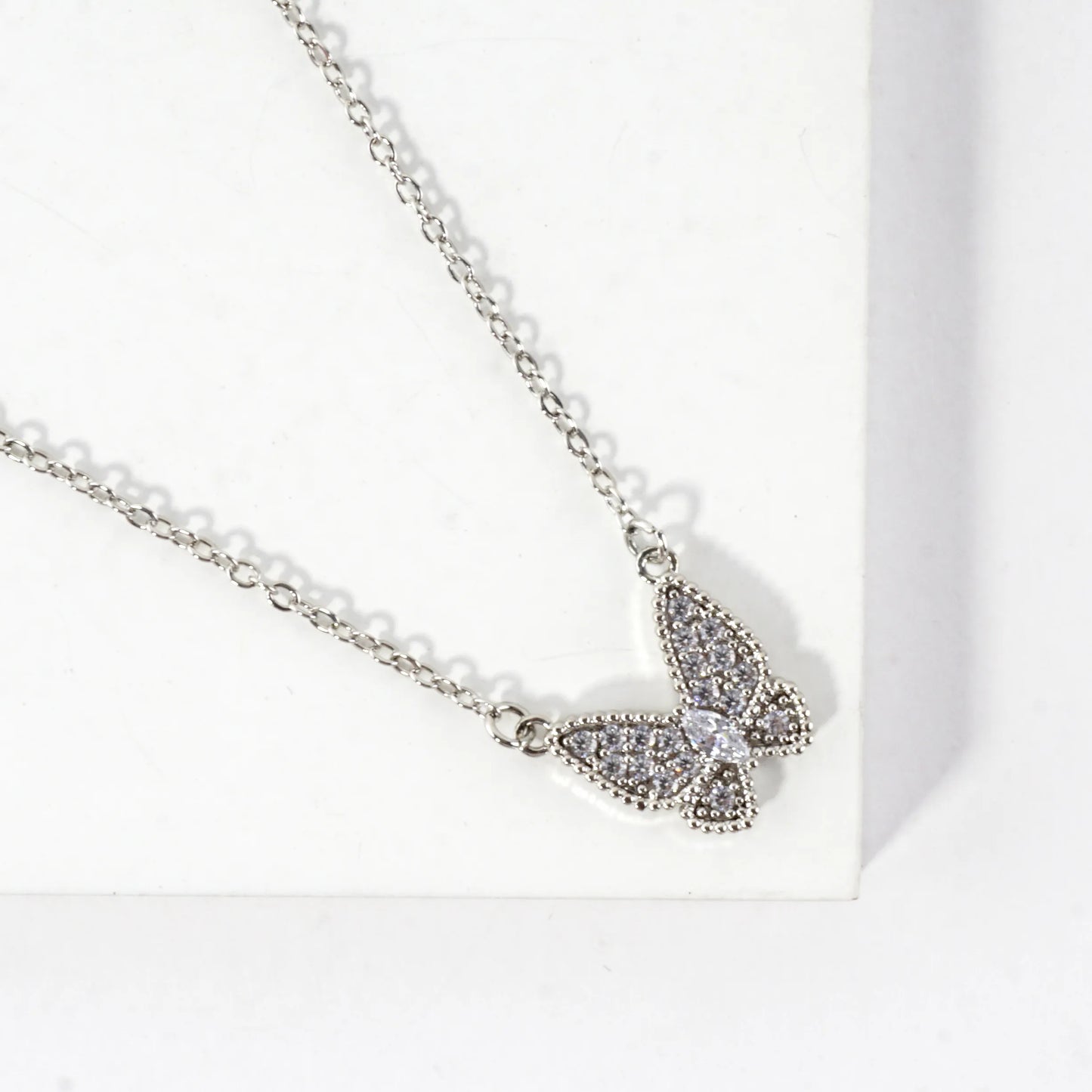 Micro Pave Tiny Butterfly Stainless Steel Necklace