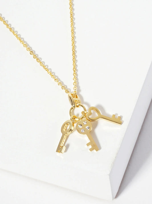 Minimalist 18K-Gold-Dipped CZ Brass Three Keys Pendant Necklace
