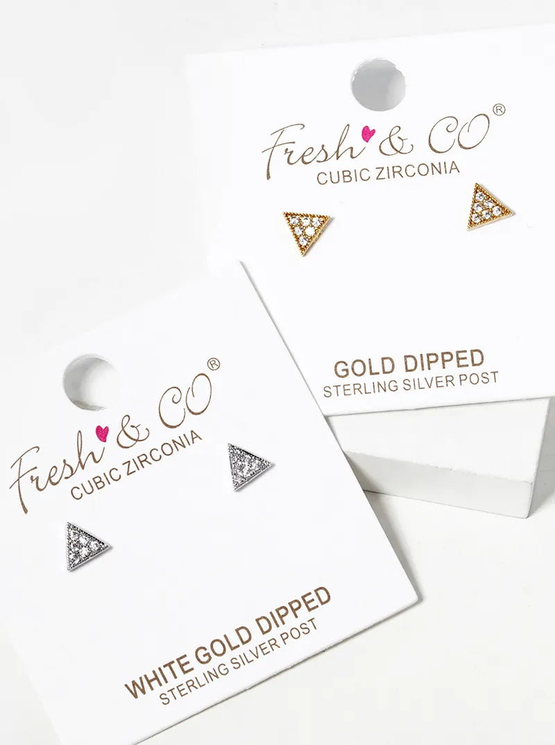 Minimalist 18K-Gold-Dipped CZ-Pave 4mm Triangle Post Stud Earrings