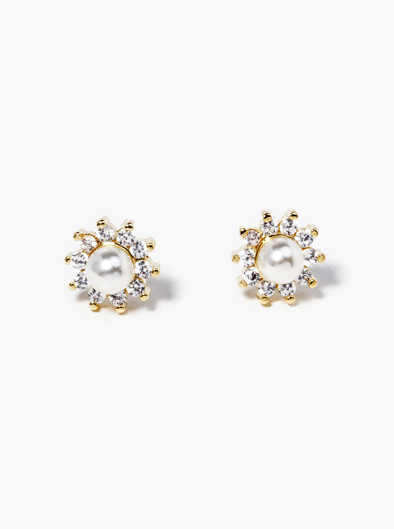 Minimalist 18K-Gold-Dipped CZ Pearl Flower Stud Earrings