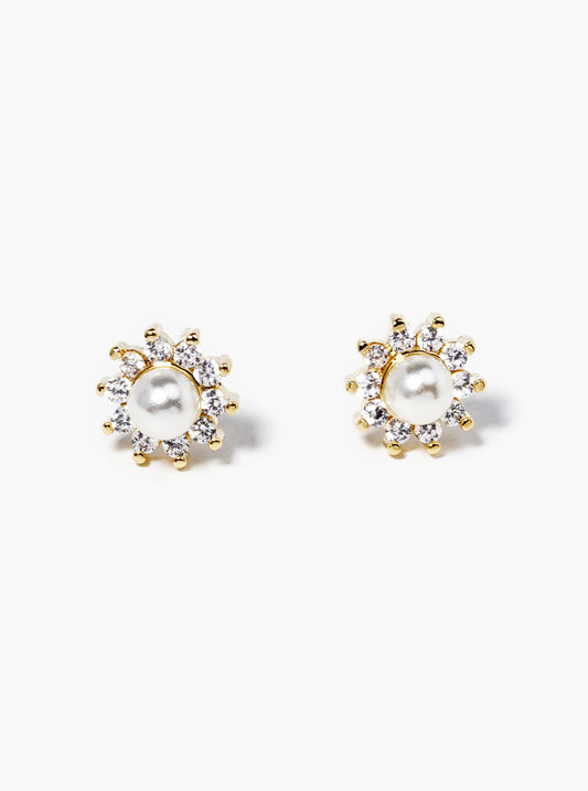 Minimalist 18K-Gold-Dipped CZ Pearl Flower Stud Earrings