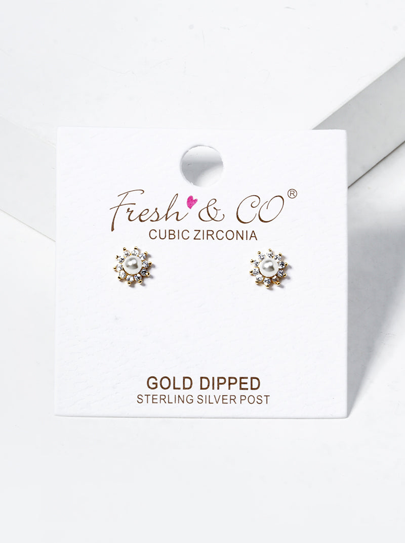 Minimalist 18K-Gold-Dipped CZ Pearl Flower Stud Earrings