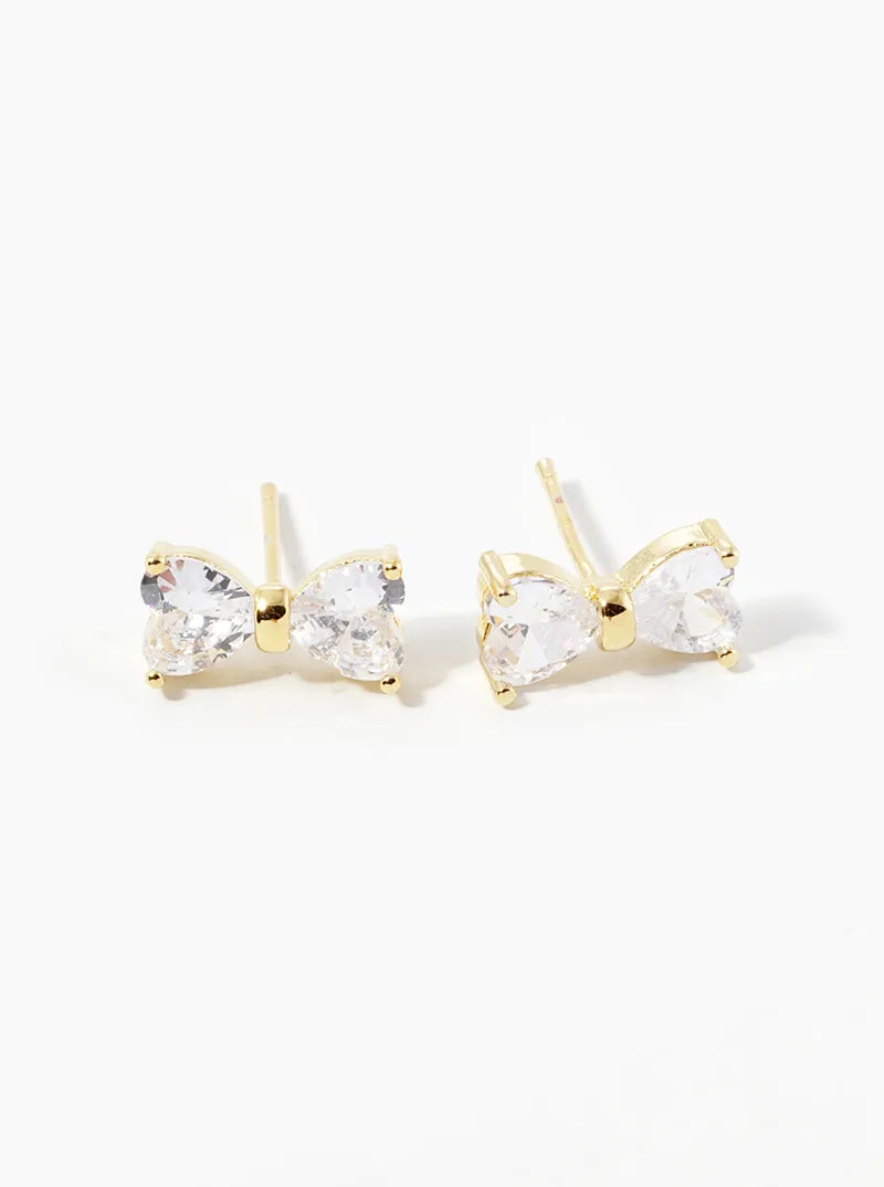 Minimalist 18K-Gold-Dipped CZ Ribbon Bow Stud Earrings