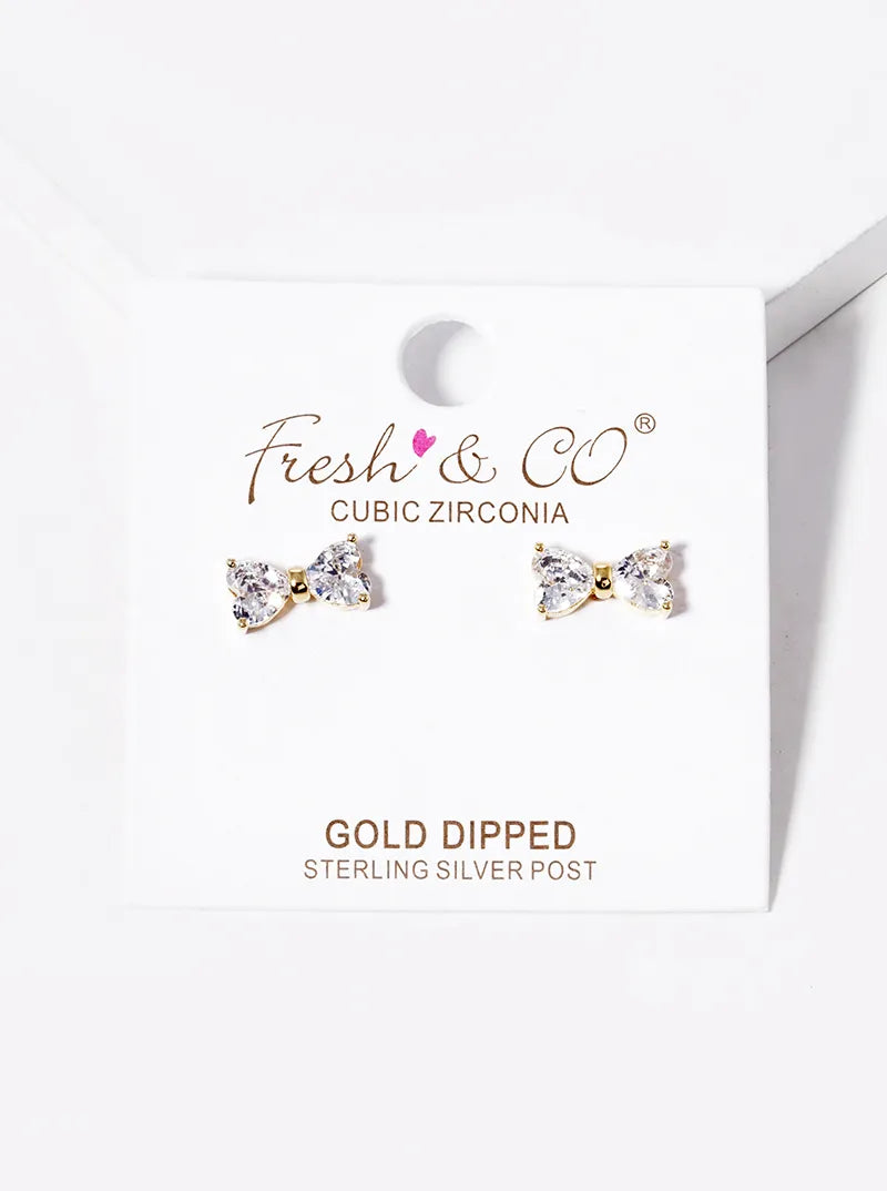 Minimalist 18K-Gold-Dipped CZ Ribbon Bow Stud Earrings