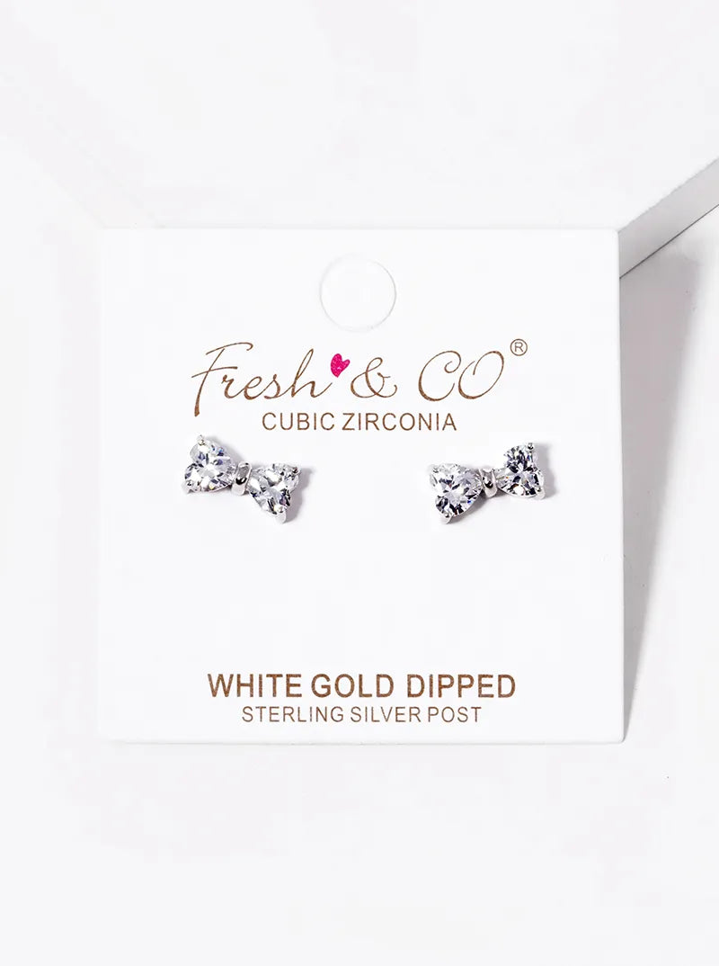 Minimalist 18K-Gold-Dipped CZ Ribbon Bow Stud Earrings