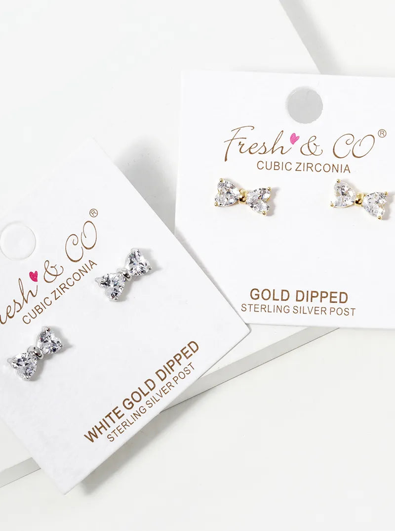 Minimalist 18K-Gold-Dipped CZ Ribbon Bow Stud Earrings