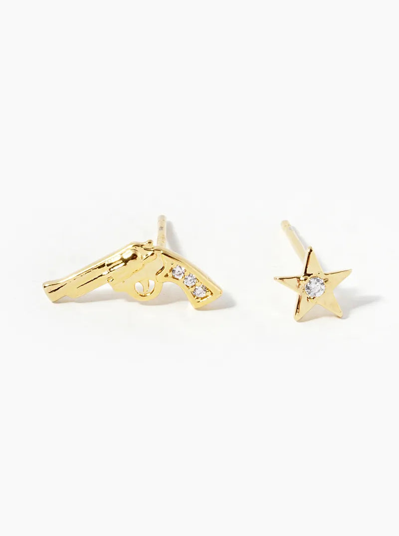 Minimalist 18K-Gold-Dipped CZ Star And Gun Stud Earrings