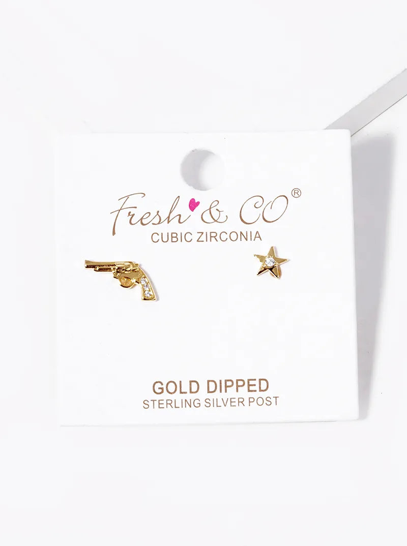 Minimalist 18K-Gold-Dipped CZ Star And Gun Stud Earrings