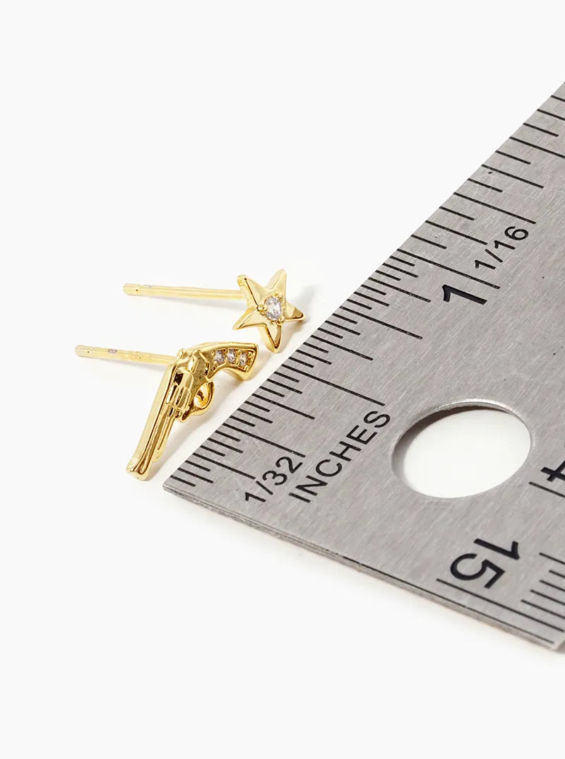 Minimalist 18K-Gold-Dipped CZ Star And Gun Stud Earrings