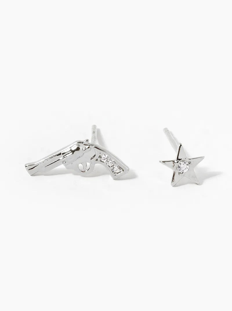 Minimalist 18K-Gold-Dipped CZ Star And Gun Stud Earrings