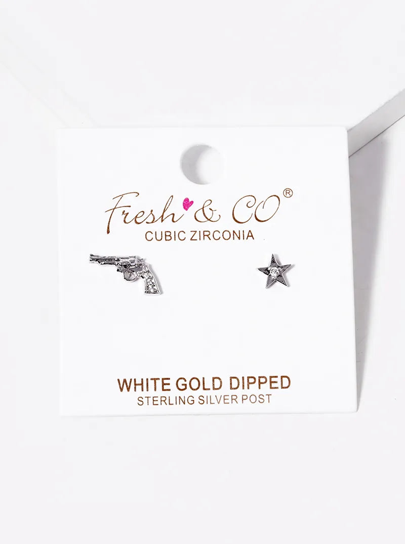 Minimalist 18K-Gold-Dipped CZ Star And Gun Stud Earrings