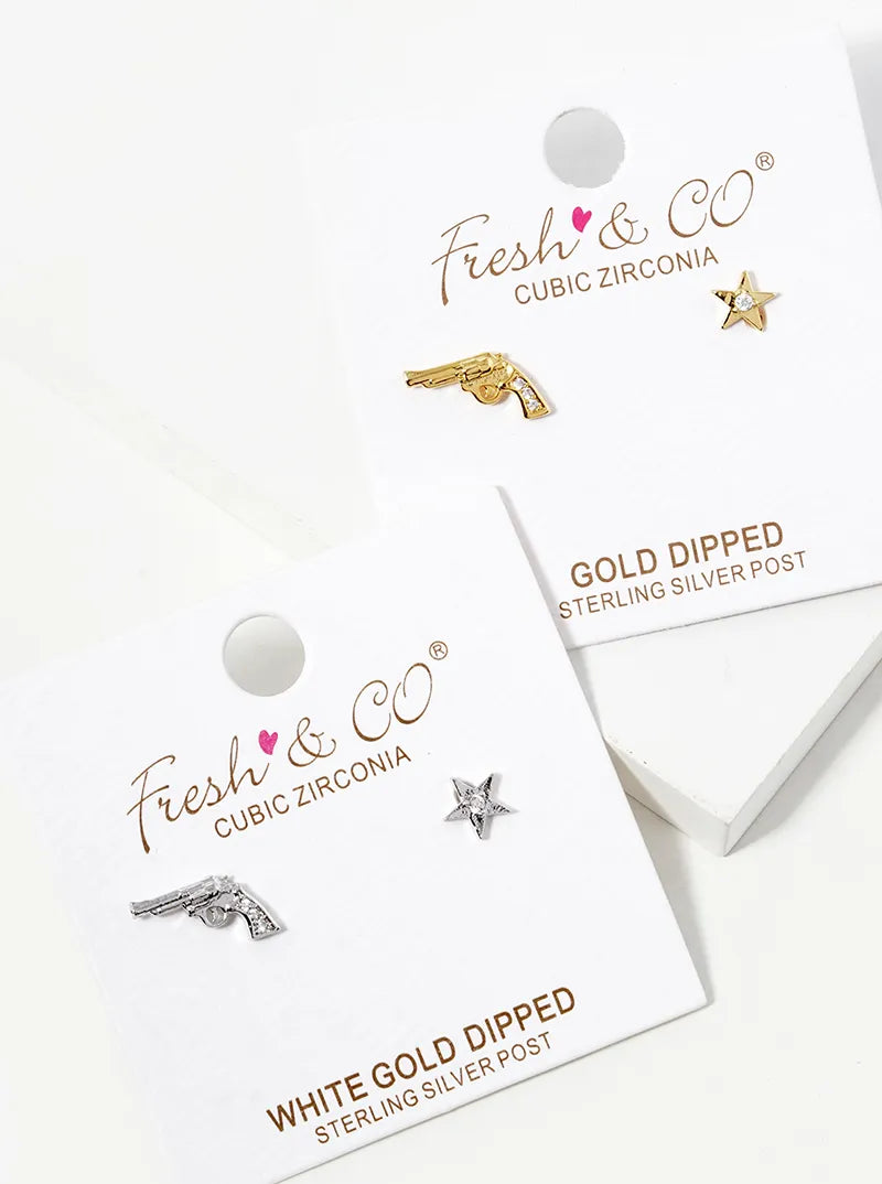 Minimalist 18K-Gold-Dipped CZ Star And Gun Stud Earrings