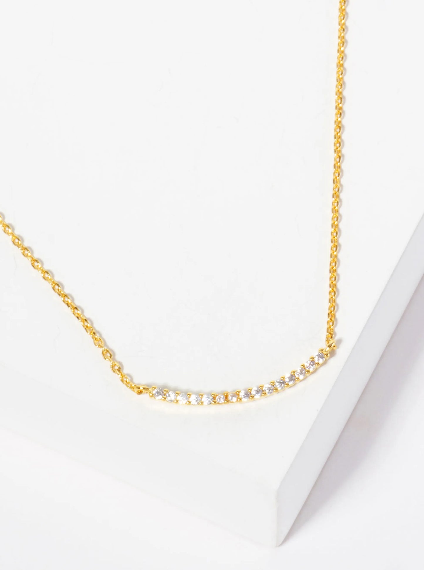 Minimalist 18K-Gold-Dipped Pave Set CZ Delicate Curved Bar Pendant Necklace