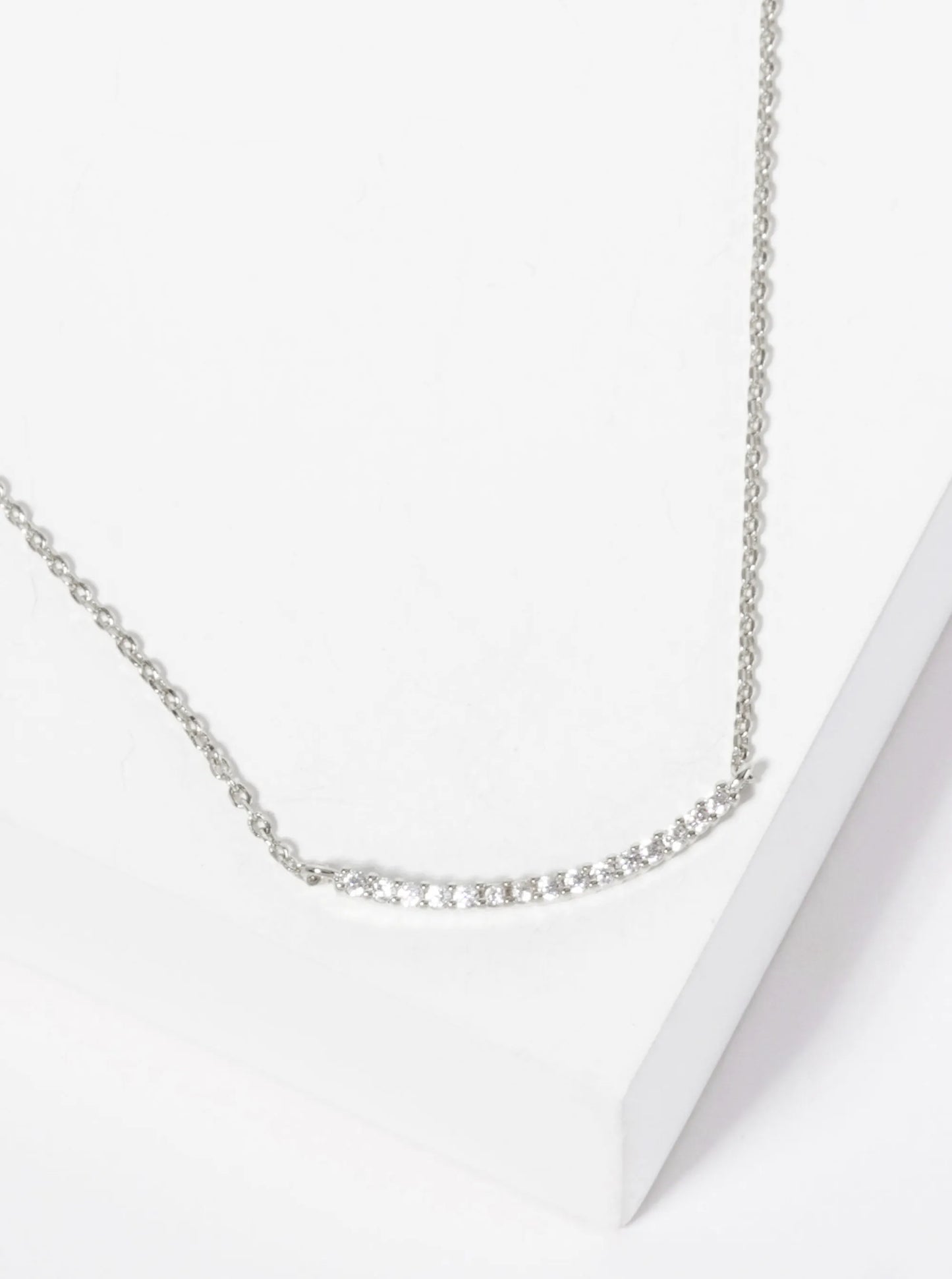 Minimalist 18K-Gold-Dipped Pave Set CZ Delicate Curved Bar Pendant Necklace