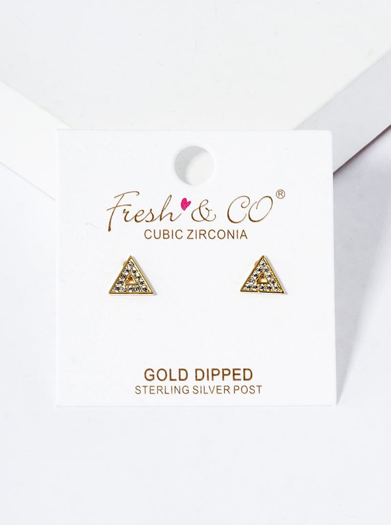 Minimalist 18K-Gold-Dipped Pave-Set Cubic-Zirconia Triangle Stud Earrings