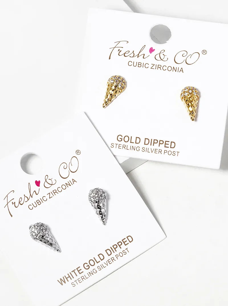Minimalist 18k-Gold-Dipped CZ-Pave Ice-Cream Cone Post Stud Earrings
