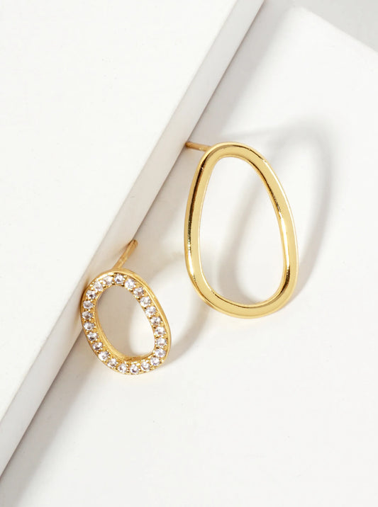 Minimalist Asymmetrical Organic Oval Pave-Set Cubic-Zirconia 18K-Gold-Dipped Brass Stud Earrings