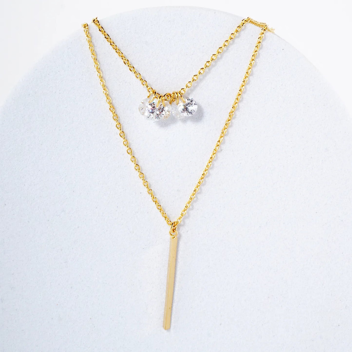 Minimalist Brass Bar CZ Stones 18K-Gold-Dipped Layered Necklace