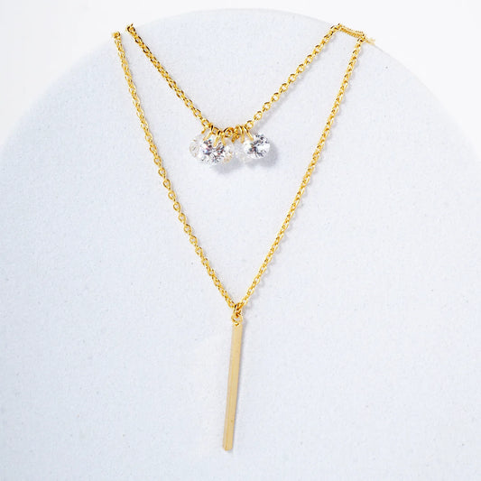 Minimalist Brass Bar CZ Stones 18K-Gold-Dipped Layered Necklace