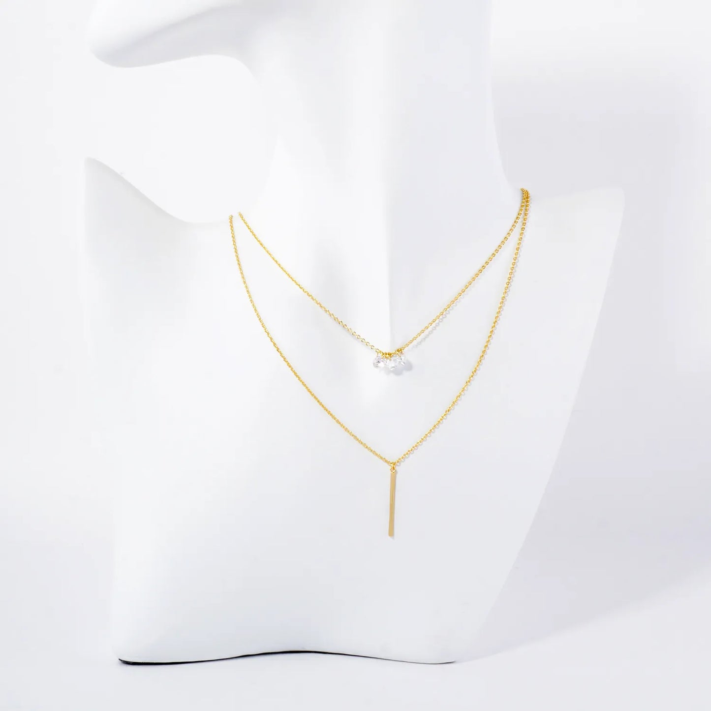 Minimalist Brass Bar CZ Stones 18K-Gold-Dipped Layered Necklace
