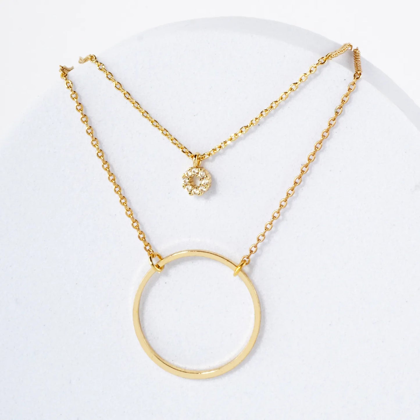 Minimalist CZ Circle Pendant 18K-Gold-Dipped Layered Necklace