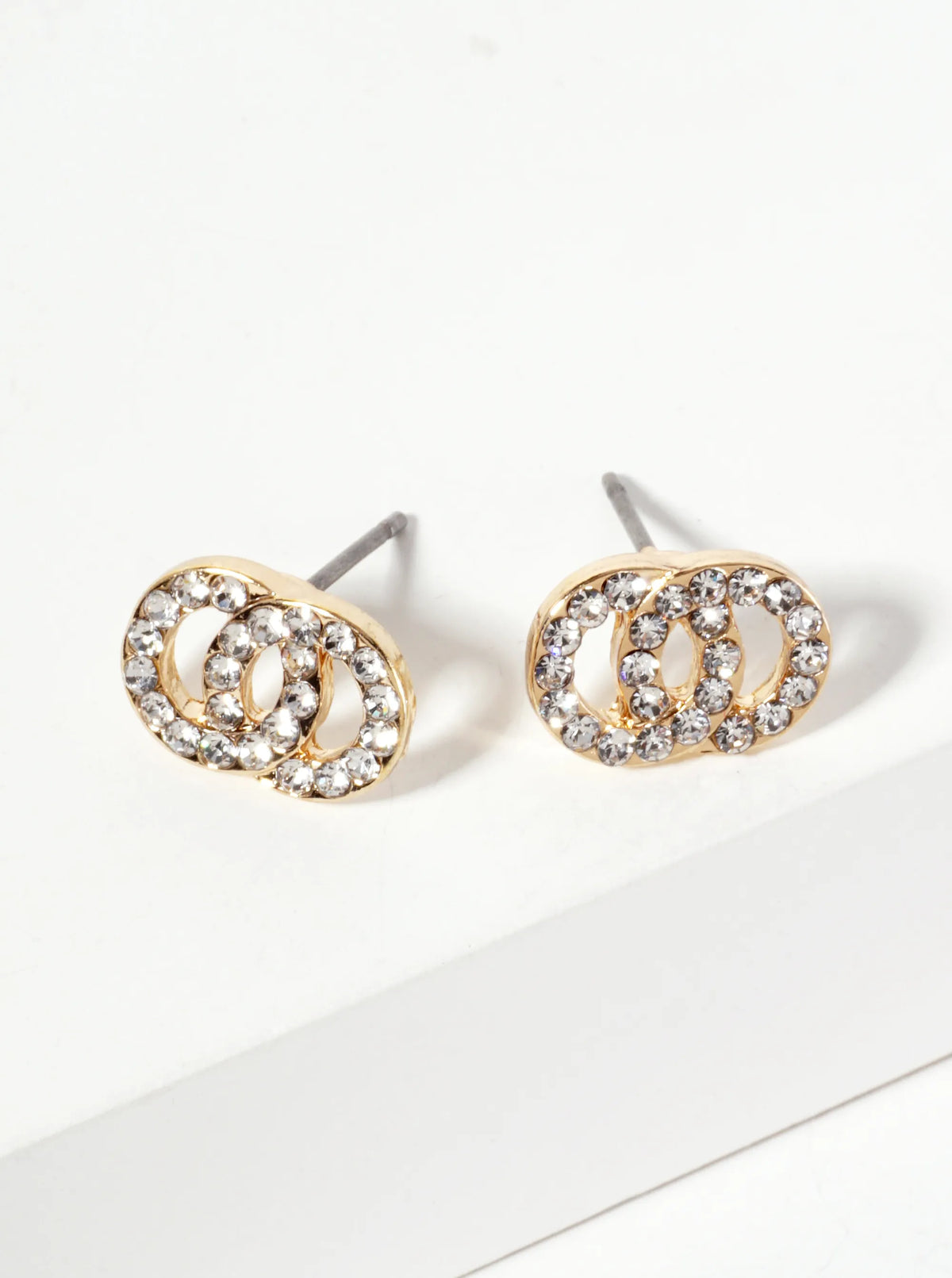 Minimalist Crystal-Pave Interlocking Double Circle Stud Earrings
