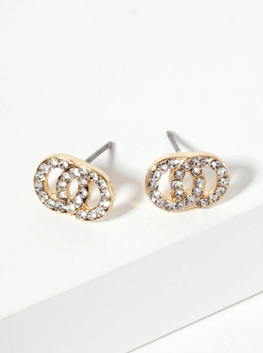 Minimalist Crystal-Pave Interlocking Double Circle Stud Earrings