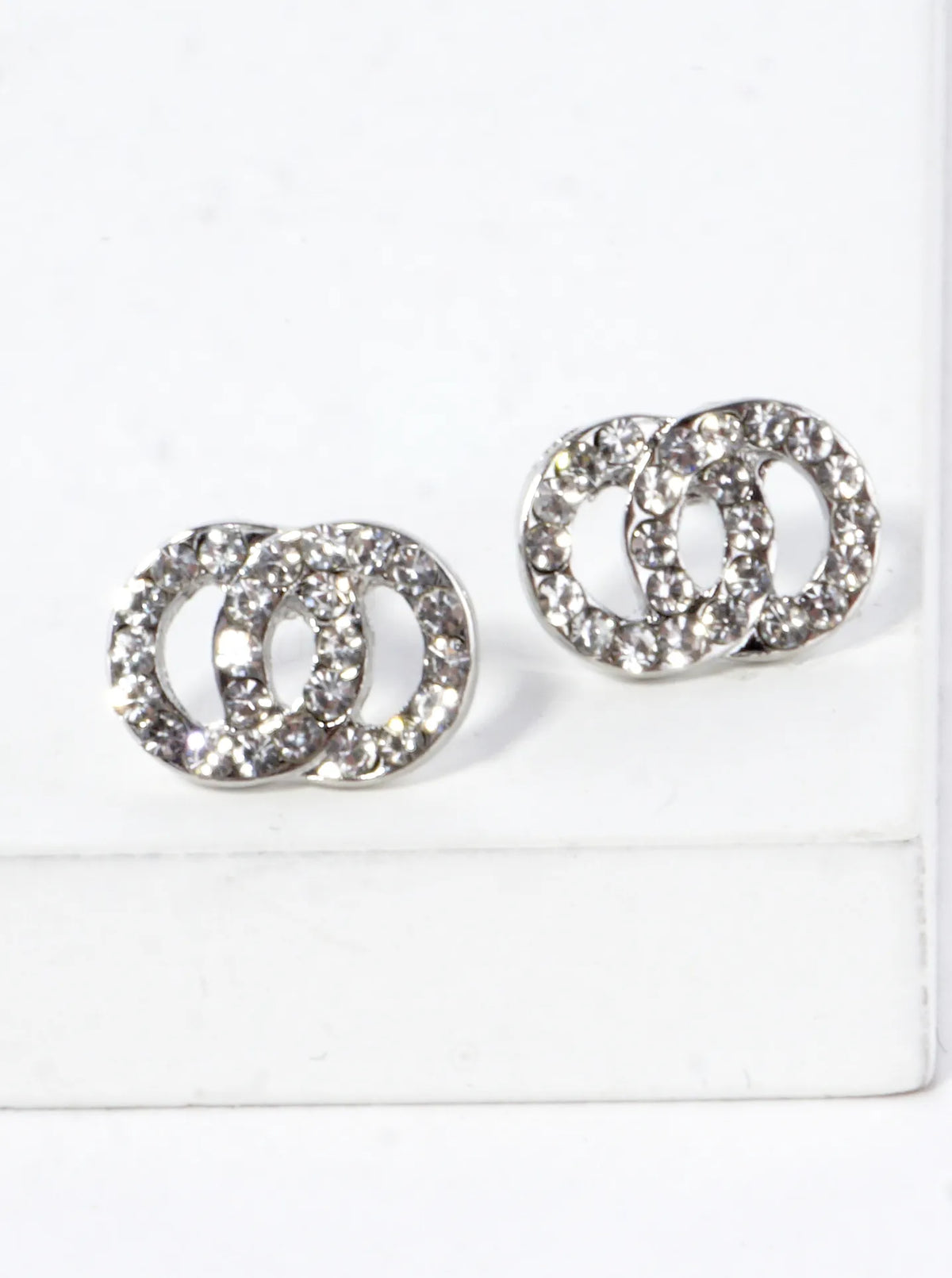 Minimalist Crystal-Pave Interlocking Double Circle Stud Earrings