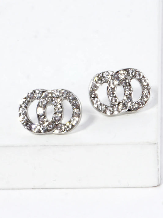 Minimalist Crystal-Pave Interlocking Double Circle Stud Earrings