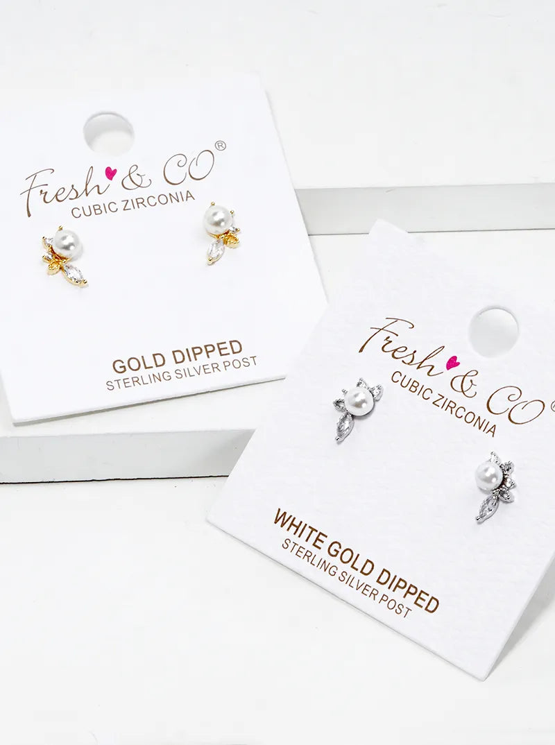 Minimalist Pearl And Cubic-Zirconia 18K-Gold-Dipped Stud Earrings