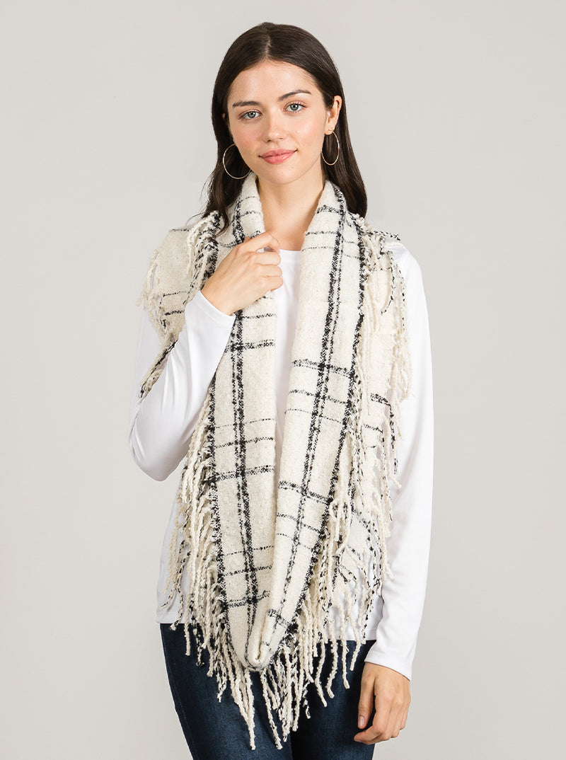 Mix Tone Plaid Fringe Double Loop Infinity Scarf