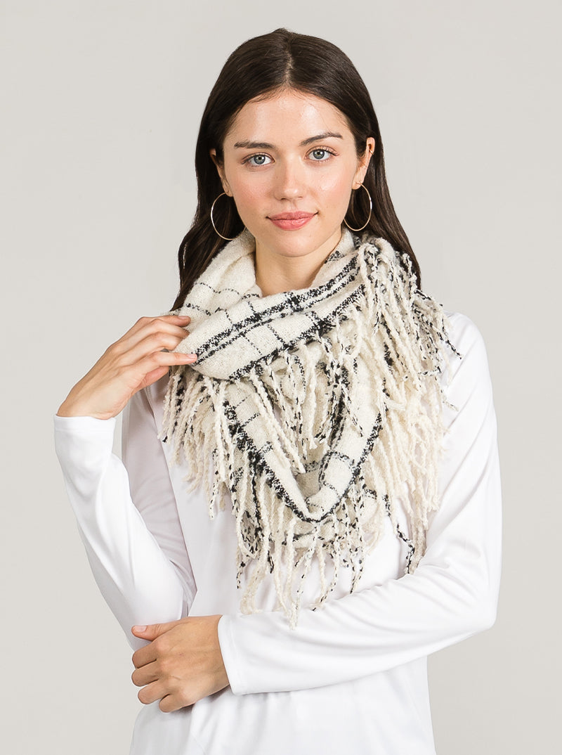 Mix Tone Plaid Fringe Double Loop Infinity Scarf