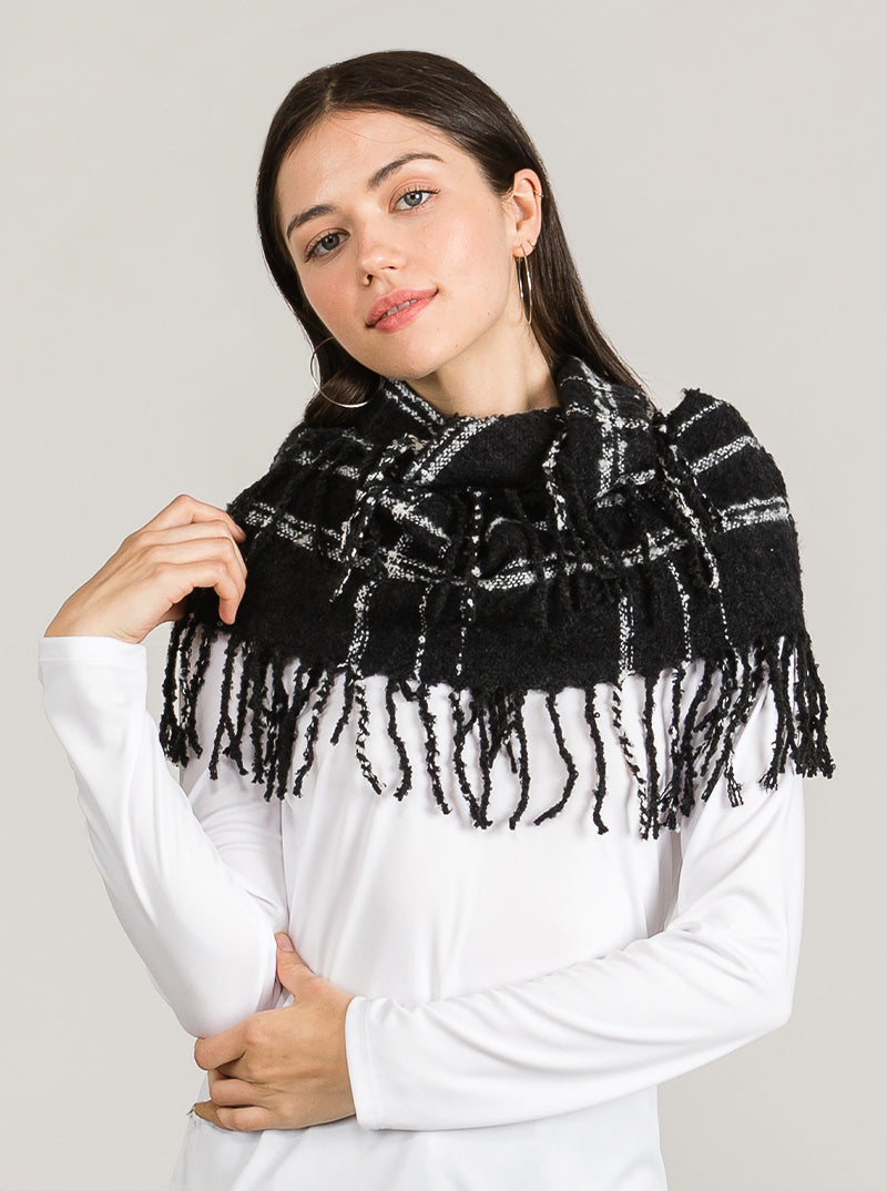 Mix Tone Plaid Fringe Double Loop Infinity Scarf