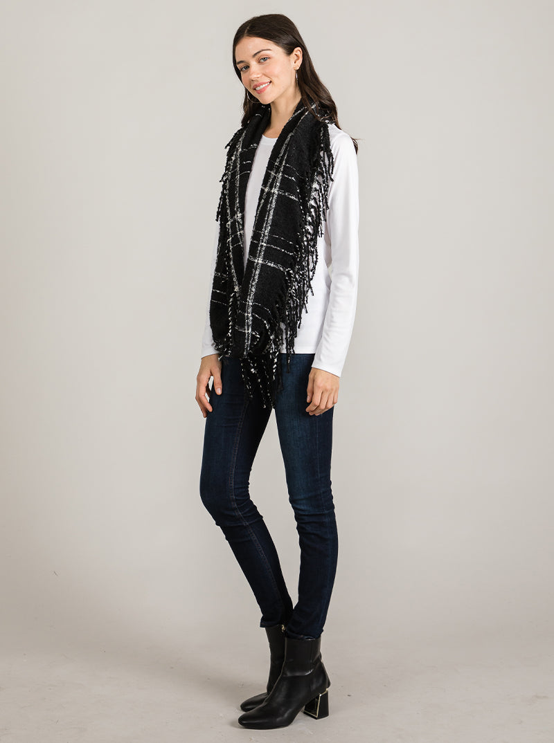 Mix Tone Plaid Fringe Double Loop Infinity Scarf