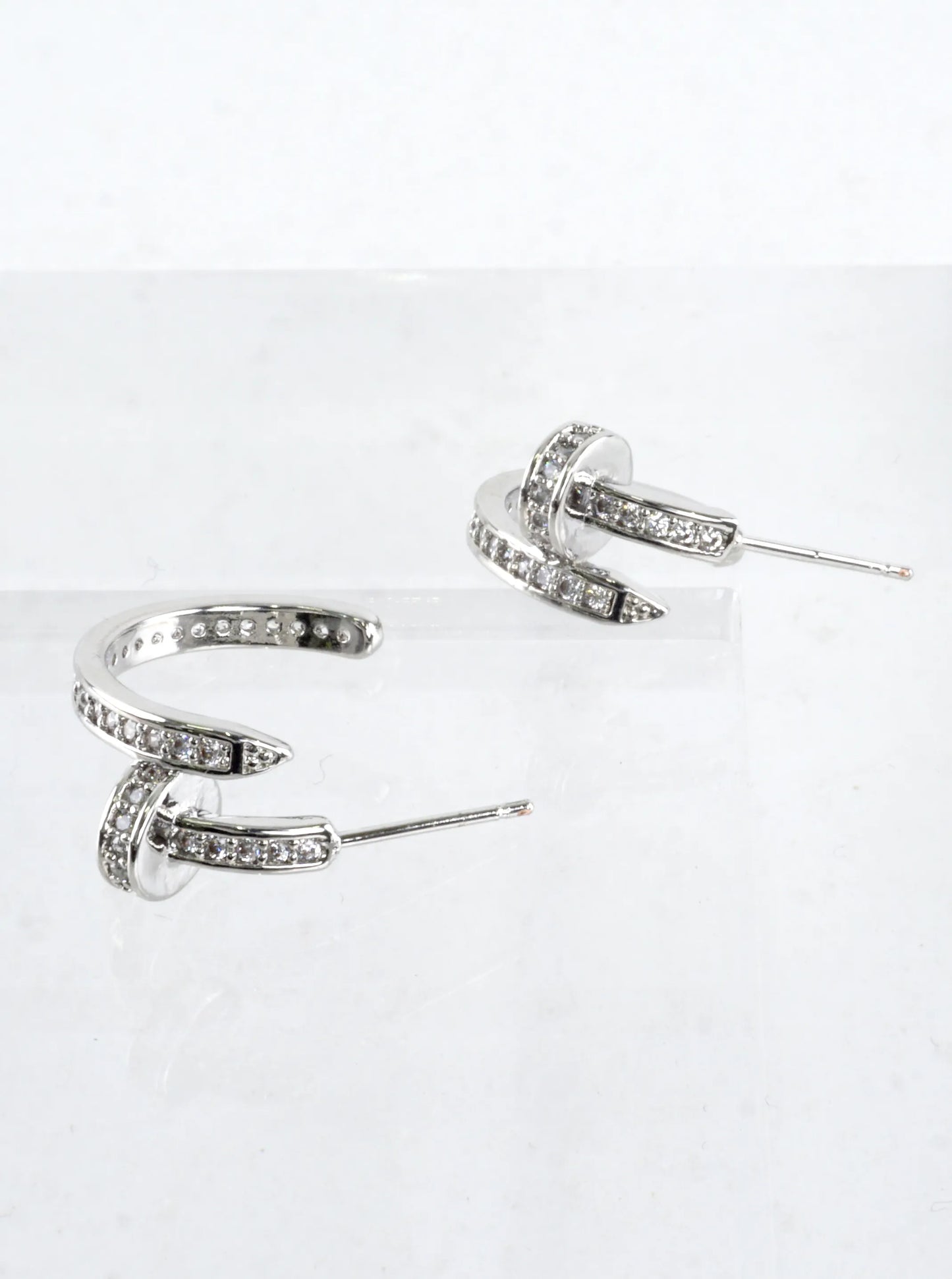 Modern Nail CZ Pave Open Huggie Hoop Earrings