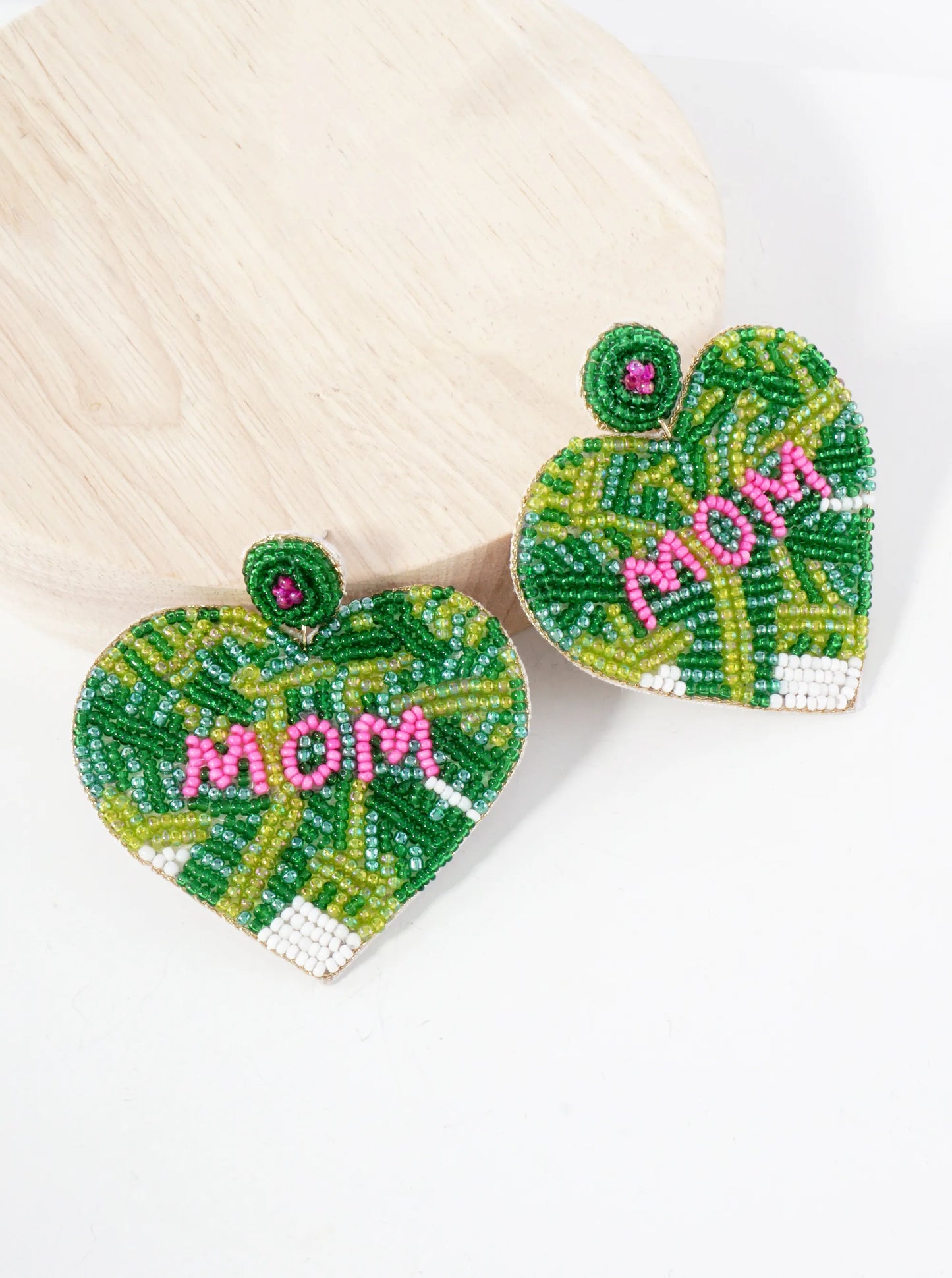 Mom Cylinder-Beaded Big Heart Mothers-Day Statement Earrings