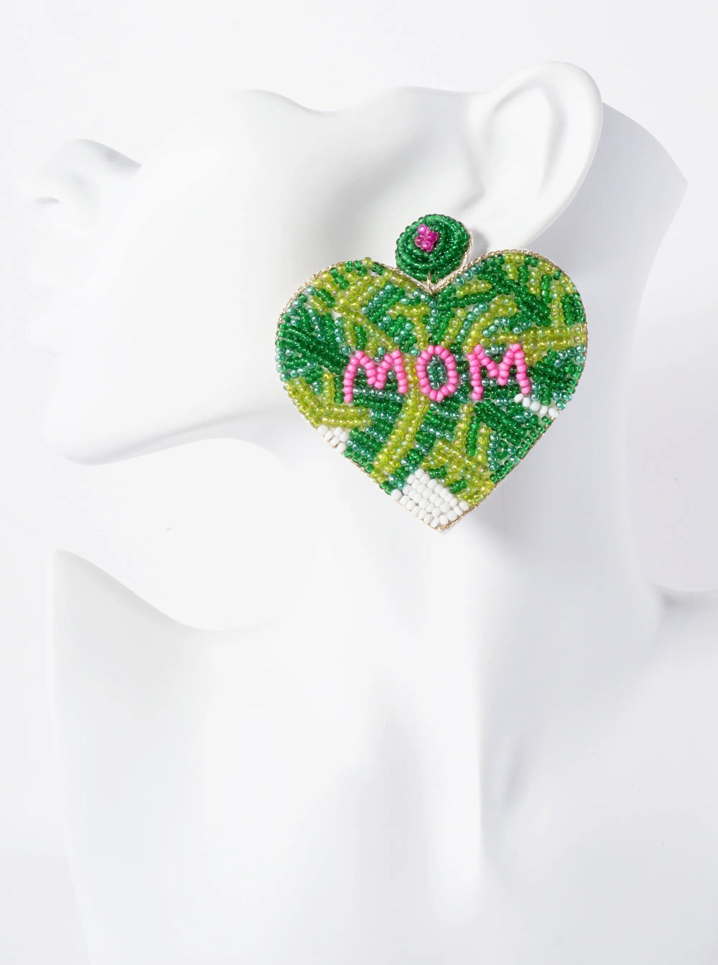 Mom Cylinder-Beaded Big Heart Mothers-Day Statement Earrings