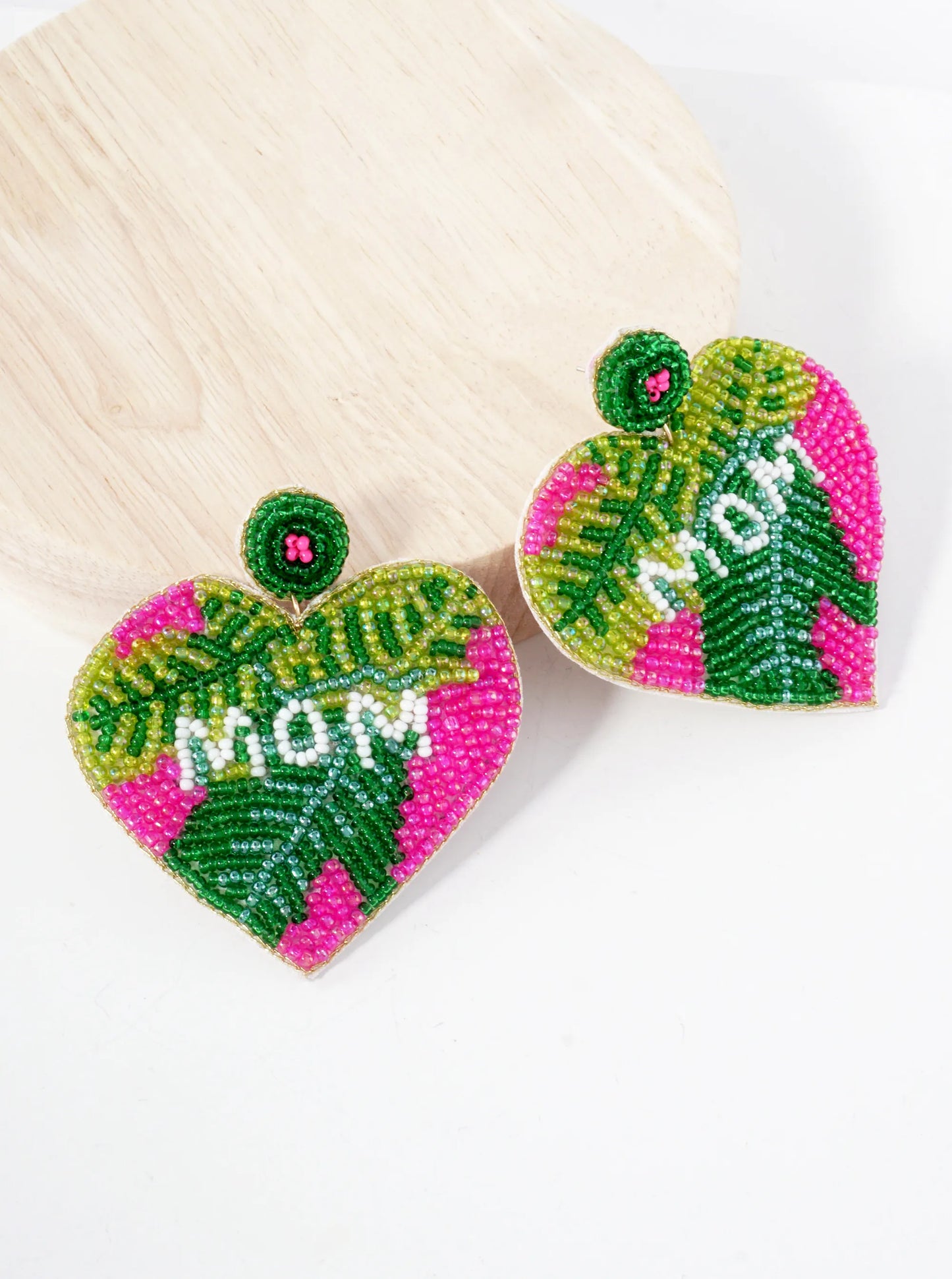 Mom Cylinder-Beaded Big Heart Mothers-Day Statement Earrings