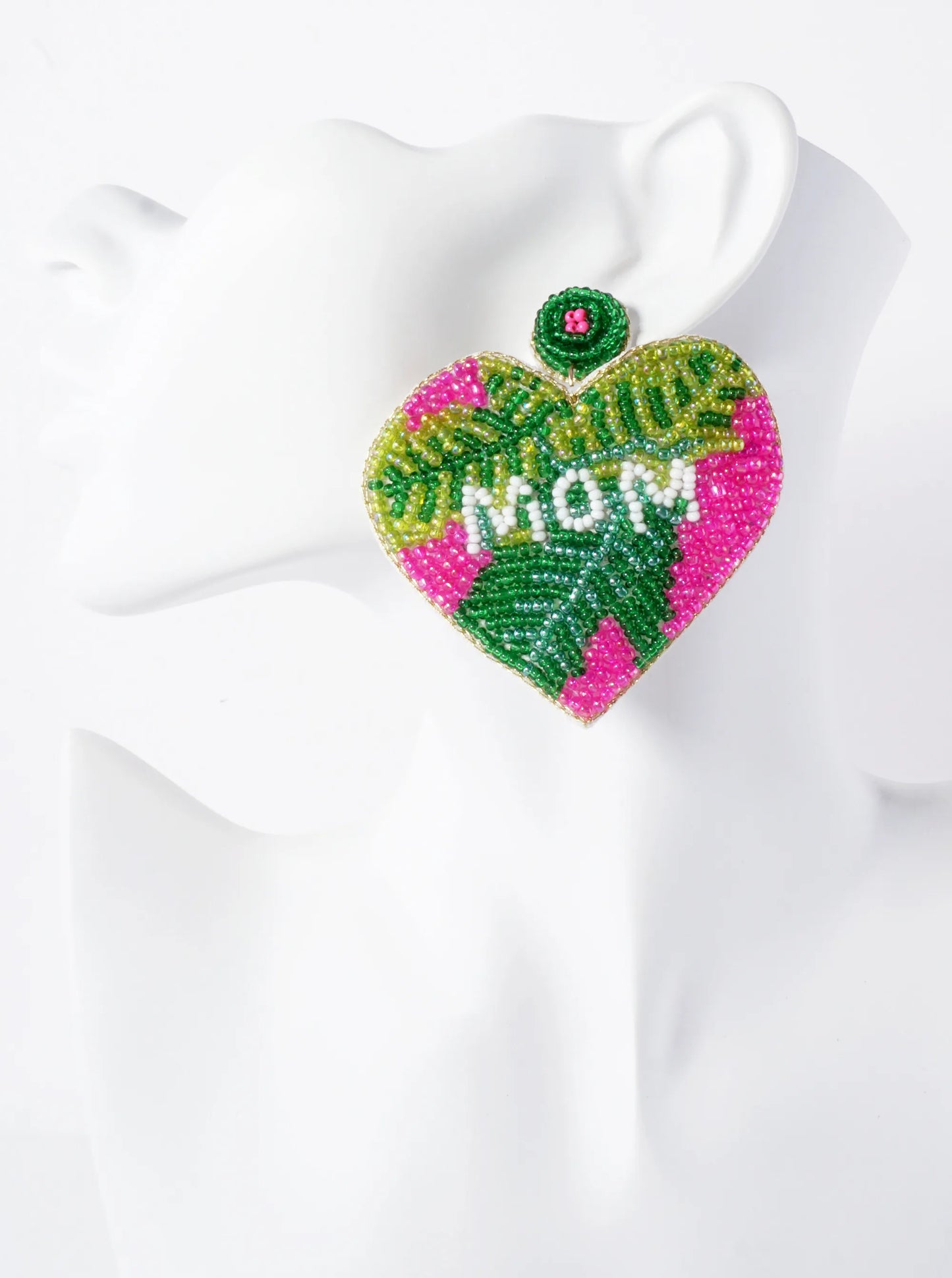 Mom Cylinder-Beaded Big Heart Mothers-Day Statement Earrings